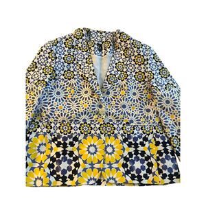 6 By Six Mosaic Tile Geometric Print Blazer Jacket Size XL Navy Yellow White